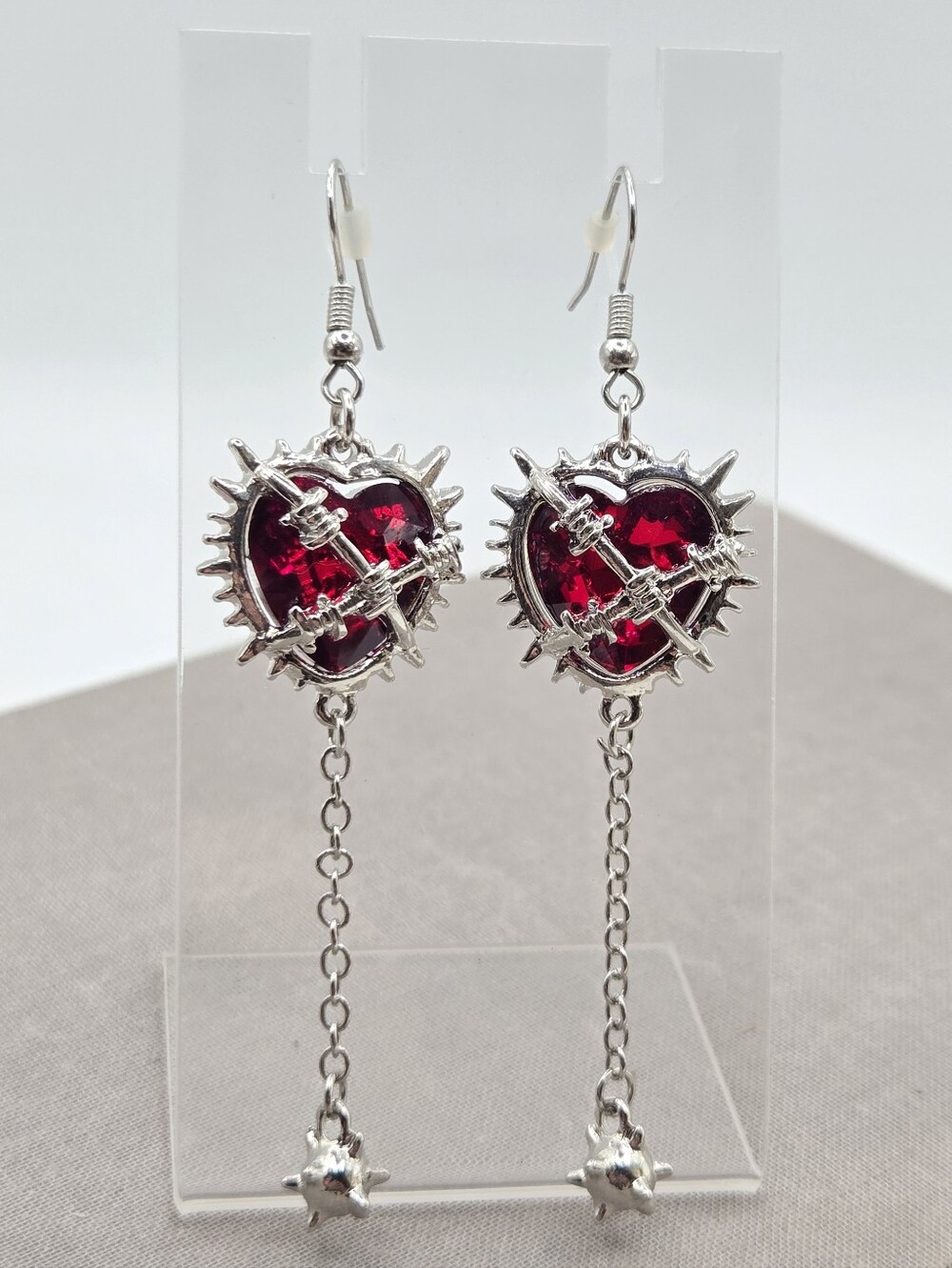 Silver Barbed Wire Heart Earrings Goth Whimsigoth Spiked Mace Ball Dangle Emo